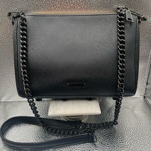 REBECCA MINKOFF Avery Black Saffiano Leather Crossbody Bag w/ Metal Chain Strap